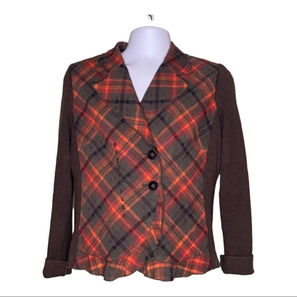 Ambiente  Fall  Rust Green Plaid Sweater Sleeves Double Botton  Blazer Lg